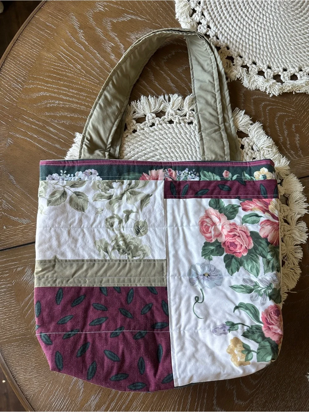 Patchwork Floral Quilted Tote Bag in Burgundy and Cream